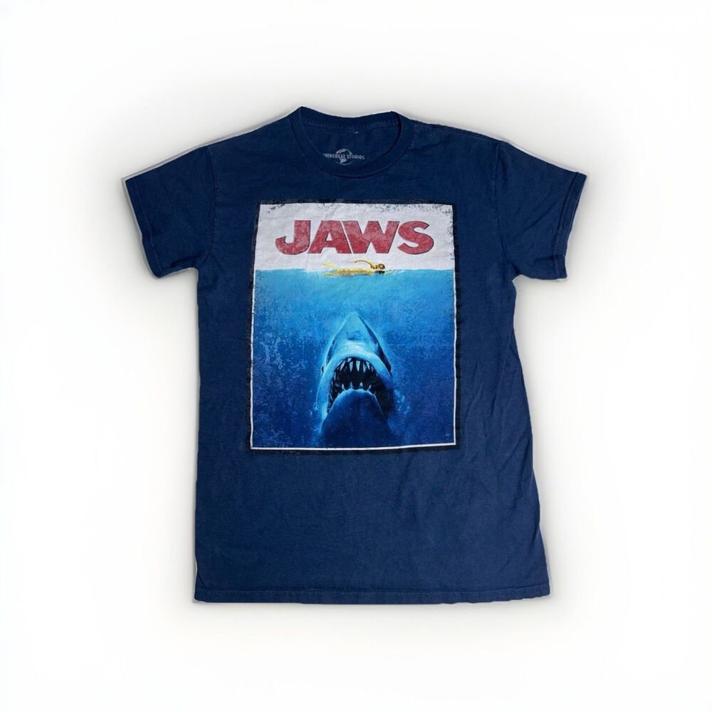 Vintage Universal Studios Jaws T-Shirt Mens Small Blue Movie Promo Y2K Shirt